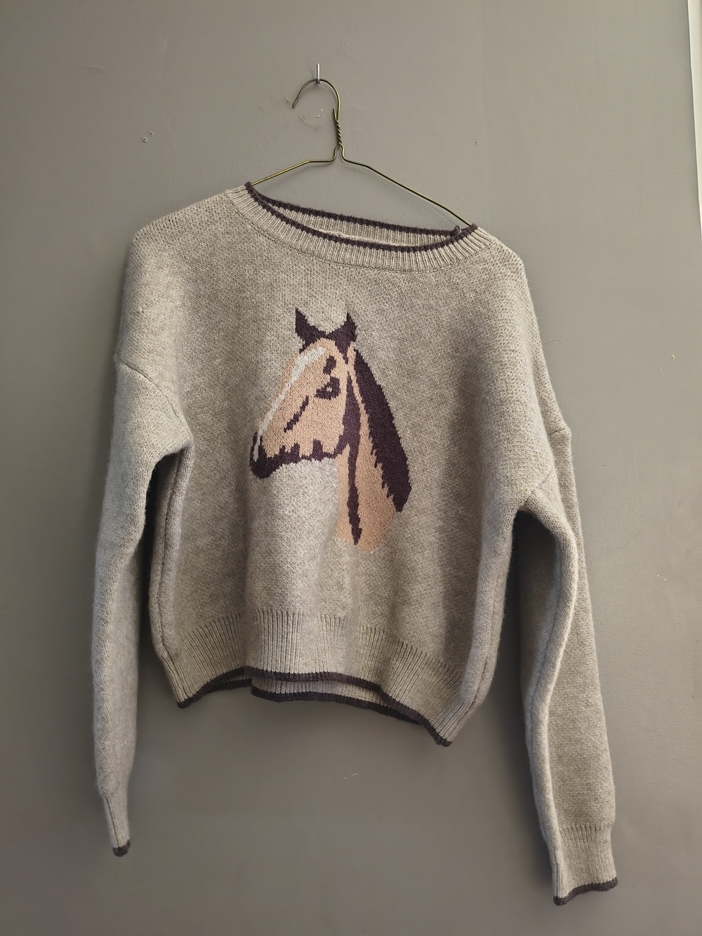 Neutral Beige Horse Intarsia Sweater - Women Luna Ivy